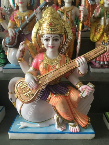 Marble Maa Saraswati Religious Hand Painted Statue Study Room Decor Gift E1429