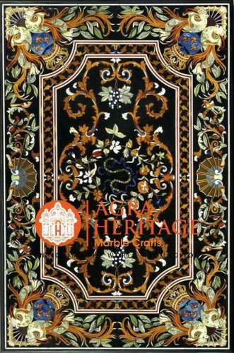 Black Marble Big Dining Table Top Marquetry Inlay Floral Conference Decor E1608