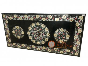 7'x4' Black Marble Big Dining Table Top Multi Inlay Gemstone Fine Design E1352