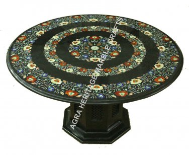 48" Beautiful Marble Dining Top Table With Stand Floral Marquetry Inlaid H3501