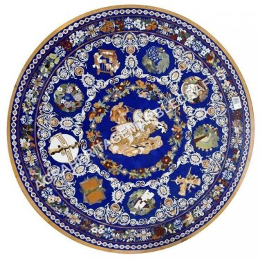 5' Marble Round Dining Table Top Lapis Lazuli Pietra Dura Inlay Patio Decor E585