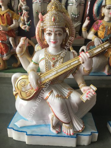 24" Tall Marble Saraswati Divine Statue Hand Painted Art Home Gift Decor E1430