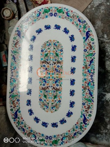 48"x30"  White Marble Coffee Table Top Peacock Design