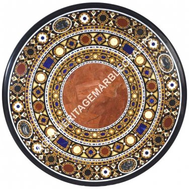 Black Round Marble Dining Home Table Top Marquetry Inlay Multi Stone Decor E610