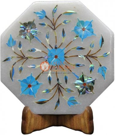 6"x6" Marble White Handmade wall Tile Turquoise Inlay Floral Marquetry Art Decor