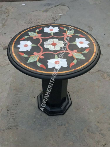 18" Black Marble Round Coffee Table Top With Stand Inlay Art Patio Decor E1384