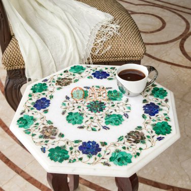 Marble Corridor Table Top Malachite Lapis Gemstone Floral Art Living Room Decor