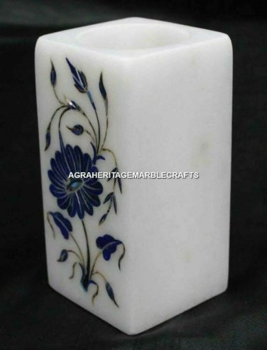 5" White Marble Flower Vase Lapis Inlay Floral Arts Office Desk Gift Decor E25
