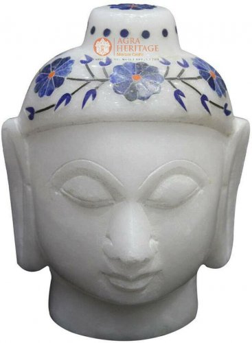 4" Marble Idol Buddha Head Lapis Floral Religious Handcurved Gifts Decor For Him