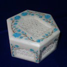 5"x5"x3" Hexagon White Marble Jewelry Box Turquoise Inlay Semi Precious Gifts