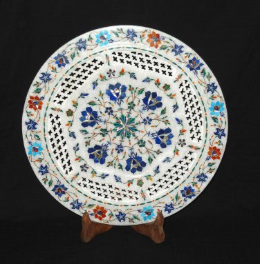13" Filigree Marble Serving Plate Lapis Multi Inlay Floral Arts Kitchen Decor