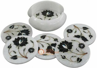 White Marble Coffee Coaster Set Handicraft Inlay Floral Art Halloween Gift E1974