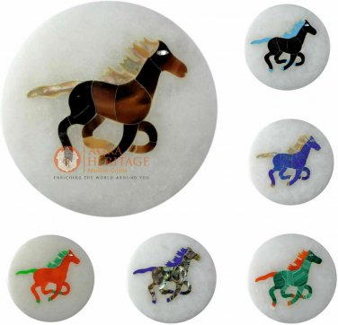 White Decor Round Marble Custom Coaster Set Horse Inlay Floral Decor E1950