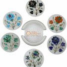 Multi Inlay Floral White Marble Round Coasters Home & Kitchen Decor Gift E1977