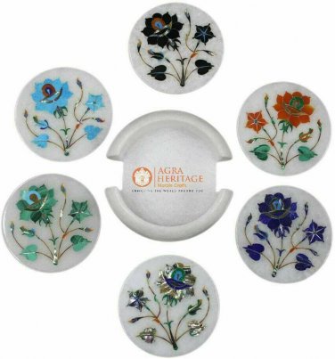 Multi Inlay Floral White Marble Round Coasters Home & Kitchen Decor Gift E1977