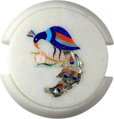 White Cup Coffee Coaster Set Lapis Peacock Semi Precious Art Columbus Gift E2229