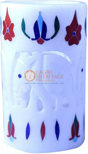 4" Marble Pen Holder Lapis Inlaid Semi Precious Italian Art Black Friday Gifts
