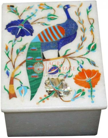 4"x3"x2" Marble Jewelry Lidded Box Semi Precious Pietradura Floral Columbus Gift