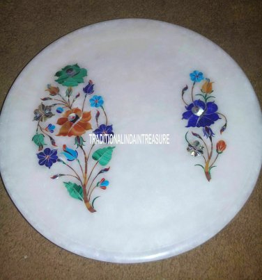 9" White Marble Round Serving Dish Tray Plate Inlay Marquetry Home Decor Gifts