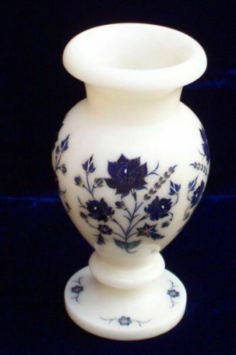 7" White Marble Inlay Art Flower Vase Pot Lapis Gemstone Floral Arts Decor Gifts