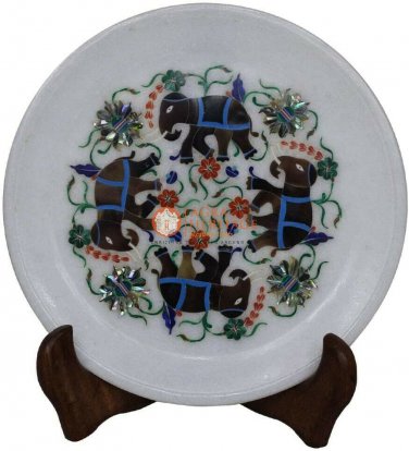 8"x8" Marble White Handmade Serving Plate Multi Stone Elephant Christmas Gift