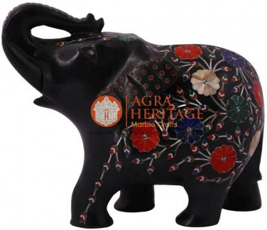 4" Black Marble Trunk Up Elephant Carnelian Marquetry Floral Art Columbus Gifts