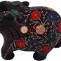 4" Black Marble Trunk Up Elephant Carnelian Marquetry Floral Art Columbus Gifts