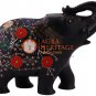4" Black Marble Trunk Up Elephant Carnelian Marquetry Floral Art Columbus Gifts