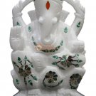 6" Marble White Lord Ganpati Ji Blessing Sculpture Semi Precious Floral Art Gift