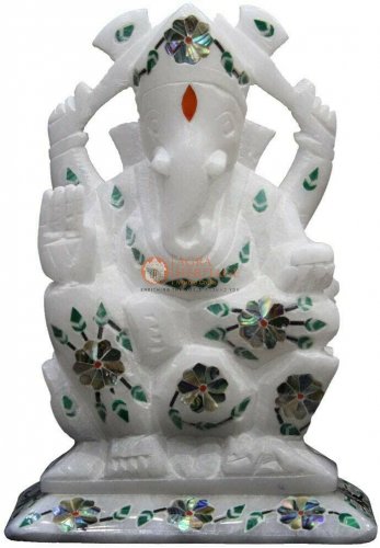 6" Marble White Lord Ganpati Ji Blessing Sculpture Semi Precious Floral Art Gift