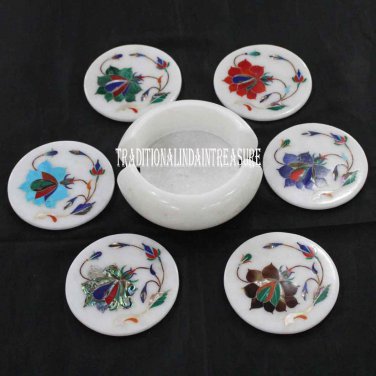 Marble Coffee Tea Coaster Set Semi Precious Multi Floral Inlay Housewarming Gift