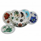 Marble Round White Inlay Work Coasters With Holder (Set of 6) Wedding Gift E1969