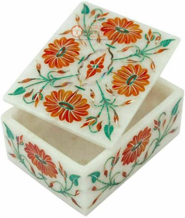 White Marble Jewelry Boxes Hakik Malachite Inlay Floral Halloween Gift E2009