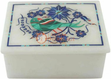 4"x3"x2" Marble Jewelry Box Lapis Lazuli Inlay Floral Malchite Parrot Arts E2026