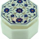 3"x3"x2" White Top Jewelry Lidded Box Lapis Inlaid Floral Art Christmas Gift