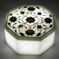 3"x3"x2" White Top Jewelry Lidded Box Lapis Inlaid Floral Art Christmas Gift