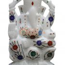 6" Marble White Idol Ganesha Sculpture Semi Precious Floral Thanksgiving Gifts
