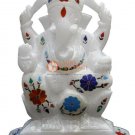6" Marble White Handmade Idol Ganesh Ji Sculpture Semi Precious Floral Art Gifts