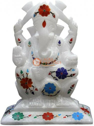 6" Marble White Handmade Idol Ganesh Ji Sculpture Semi Precious Floral Art Gifts