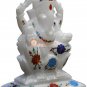 6" Marble White Handmade Idol Ganesh Ji Sculpture Semi Precious Floral Art Gifts