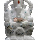 6" Marble White Idol Ganpati Ji Sculpture Pauasehll Floral Marquetry Arts Decor
