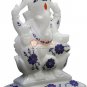 6" Marble Idol Ganesha Blessing Sculpture Lapis Inlay Floral Art Good Luck Gifts