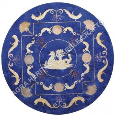 36" Blue Marble Dining Table Top Lapis Lazuli Inlay Antique Art Home Decor H5074