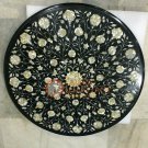 27"x27" Black Round Coffee Table Top Floral Fine Marquetry Design Outdoor Decor