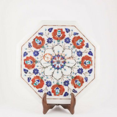 14"x14" White Marble Restaurant Table Top Carnelian Marquetry Inlay Art Decor