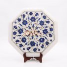 12"x12" White Handmade Top Corridor Table Lapis Inlaid Marquetry Floral Design