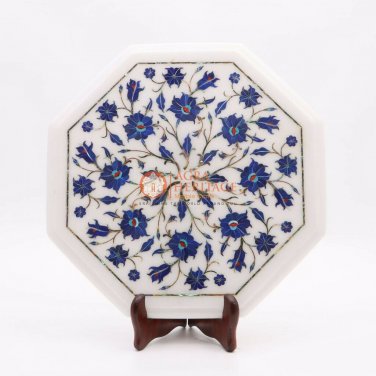 12"x12" White Handmade Top Corridor Table Lapis Inlaid Marquetry Floral Design