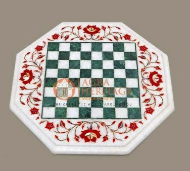 Marble Chess Table Top With Floral Marquetry Pietradura Inlay Octagonal Art Deco