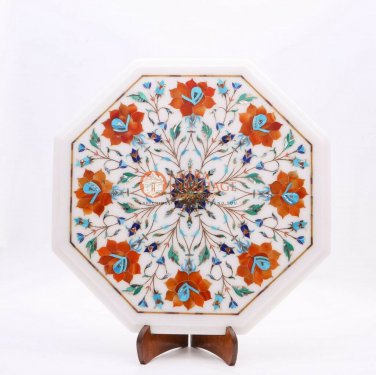 Marble Top Counter 14"x14" Coffee Table Carnelian Marquetry Floral Design Decor