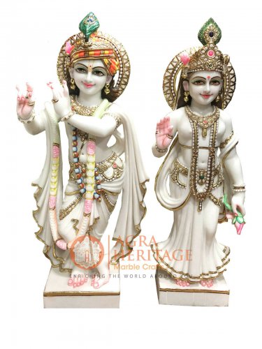 36" White Marble Radha Krishna Statue Hand Painted Divine Love Gifts Decor E1447